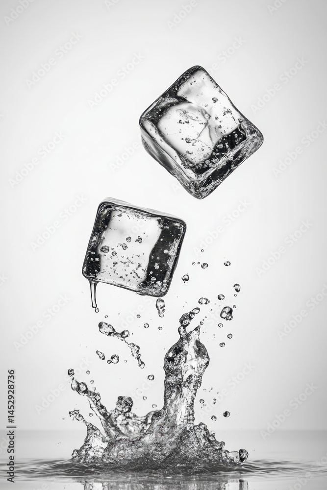 Poster two ice cubes falling into water creating a splash in a monochrome setting offering a refreshing and