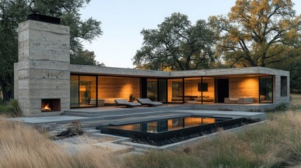 Obraz premium Modern stone house with outdoor living area and pool