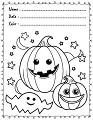 Cute Monster Pumpkin Ghost Coloring Pages For Kids. High resolution (300 DPI), ready to print on standard 8.5x11 inch paper  With No Bleed, Black and White Vector illustration AI, EPS, PNG, JPEG.