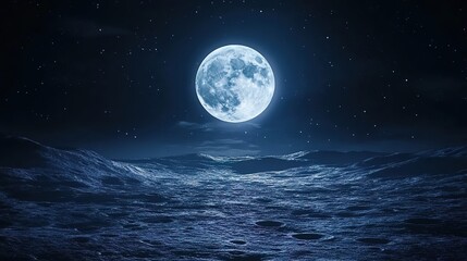 Bright full moon in starry sky above undulating lunar terrain.