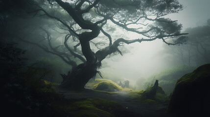 A mysterious tree surrounded by mist in a dense forest