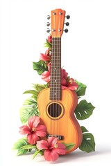 Light wood ukulele decorated with tropical hibiscus flowers and lush green leaves on a bright white background