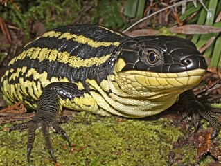 Fototapeta premium Close-up view of a lizard with striking patterns.