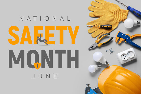 Hardhat and tools on light background. Poster for National Safety Month