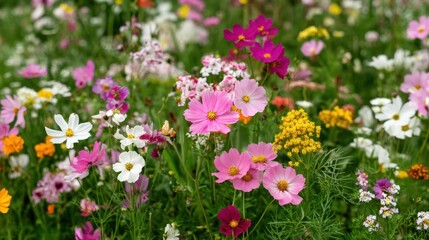 Vibrant cosmos flowers bloom in a lush green meadow creating a colorful and cheerful springtime scene with a shallow depth of field and a natural light