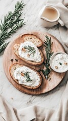 Toasted bread slices with creamy cheese spread rosemary and walnut topping on wooden board marble background delicious food photography