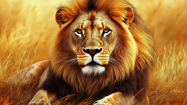 Majestic lion in golden savanna; wildlife portrait for nature/safari theme