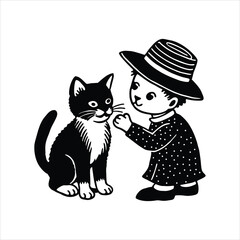 Cat with Hat Being Fed Illustration in Silhouette Style