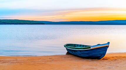 Fototapeta premium Serene Sunset Boat on Sandy Shore - Tranquil sunset scene, single boat on sandy beach, calm water, peaceful atmosphere, serene nature. Symbolizing peace, solitude, escape, hope, and tranquility