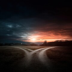 Dramatic sunset over diverging paths symbolizing choices and decisions in a rural landscape with moody sky and evocative lighting creating a sense of journey and uncertainty