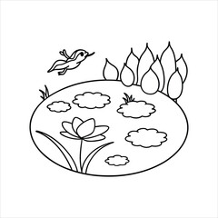  Hand Drawn Pond with Bird and Water Plants