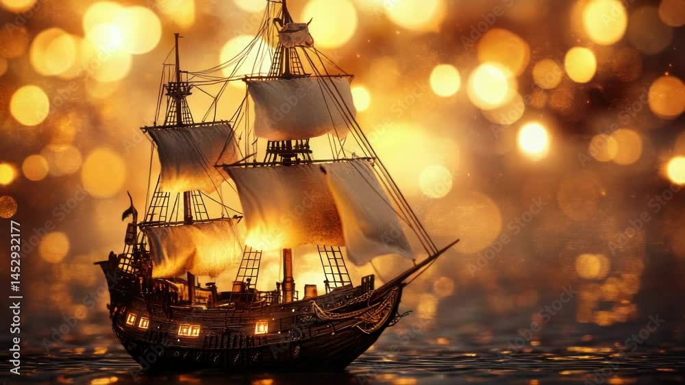 Poster a model sailing ship floats on calm water, suitable for use in illustrations about maritime history 