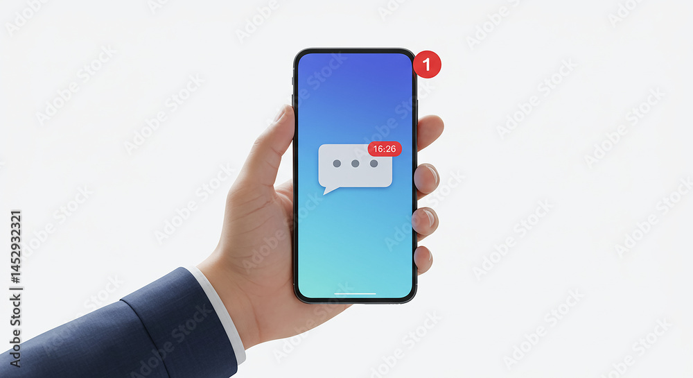 Poster businessman holding smartphone with new message notification on screen