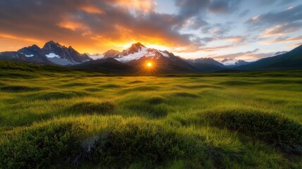 Obraz premium This stunning view captures the magical sunset behind rugged mountains, with vibrant colors reflecting on lush green fields, a perfect retreat into nature's beauty.