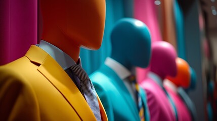Colorful Mannequin Row: A captivating close-up of mannequins dressed in vibrant suits, with only their torsos and heads visible.  The bold colors and sleek lines create a stylish and modern aesthetic.