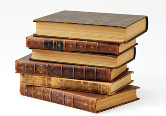 Stack of vintage books on white