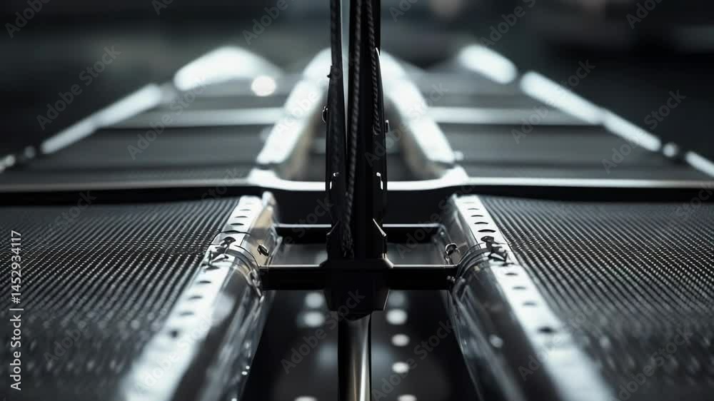 Poster a close-up view of a moving conveyor belt with products being transported