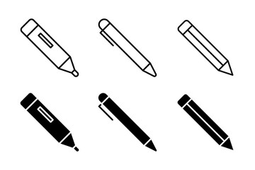 A modern vector icon set featuring pens, pencils, and markers, suitable for writing and drawing designs.