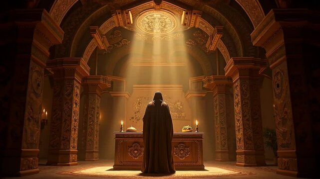 A Pharisees standing before an altar in a synagogue