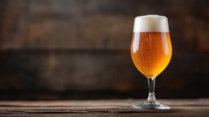 A tall glass of refreshing amber beer sits elegantly, adorned with bubbles and a generous head, perfect for occasions requiring a touch of sophistication and celebration.