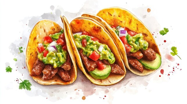 Watercolor tacos with meat guacamole and herbs