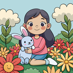 Little girl hugs plush bunny in blooming garden, capturing a sweet childhood moment in springtime.