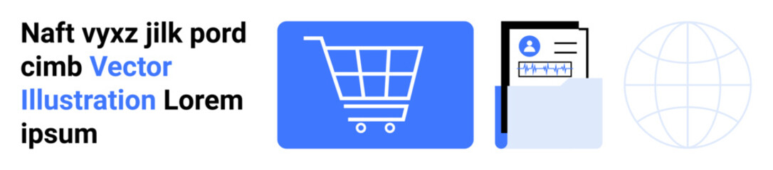 Shopping cart, file with user profile, and globe outline depict ecommerce, online profiles, and global connectivity. Ideal for digital business, workflow, ecommerce, identity global reach