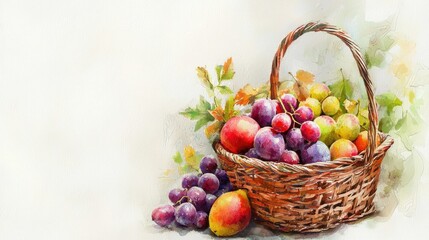 Watercolor still life depiction of fruit in a basket.