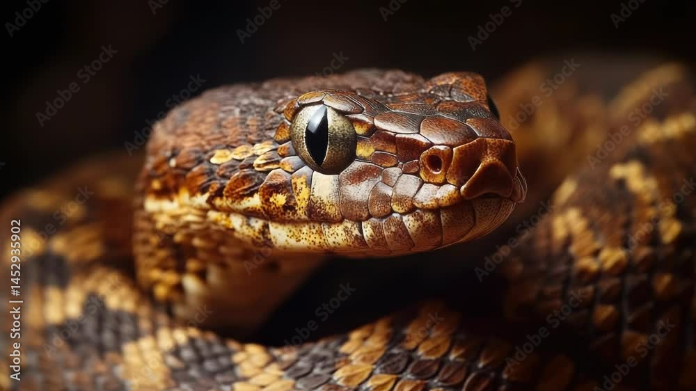Poster a close-up view of a snake's head on a black background