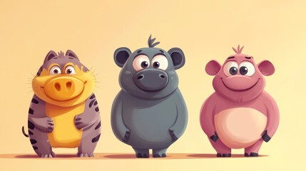 Three cartoon animals standing in a row