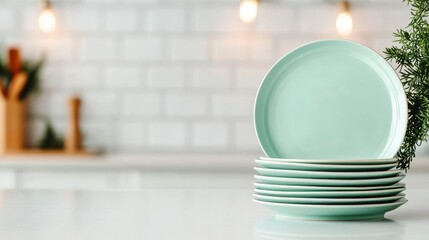 A luxurious stack of mint green plates rests on a bright kitchen countertop, adding a pop of color and elegance to the contemporary kitchen environment and dining space.