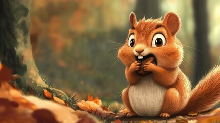 Cute squirrel enjoying a nut in autumnal forest