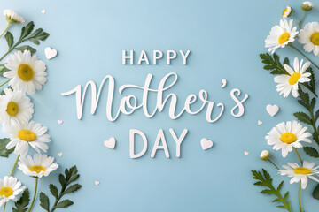 Happy Mother's Day Floral Greeting poster, card with Daisies on Blue Background