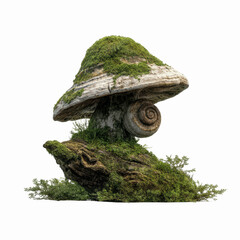 Mossy Mushroom with Snail Shell on Driftwood - Fantasy Nature Scene
