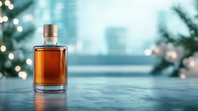 A beautifully styled whiskey bottle set against a modern background, featuring soft lighting that reflects elegance and sophistication, making it ideal for promoting premium beverages.