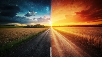 Naklejka premium Dual Worlds: A Journey Through Day and Night on a Country Road