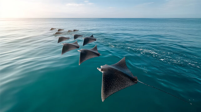 Aerial display of mobula rays: oceanic leap and flight in blue waters