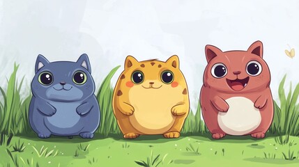 Three chubby cats in a grassy field