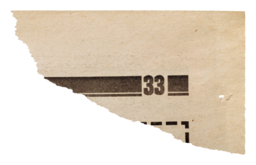 Yellowed torn numbered newspaper corner, isolated tear of old vintage page