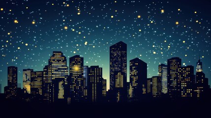 Night city skyline illuminated buildings starry sky urban scene modern architecture