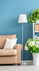 Cozy reading nook with pantone 4975c couch, elegant decor, and home library design