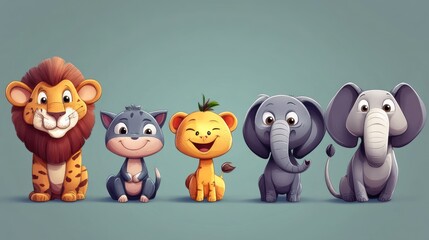 Obraz premium Cute cartoon animals, lion, cat, cheetah, and elephant