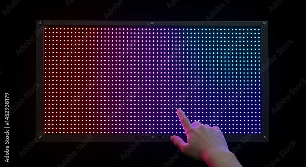 Poster Hand touching interactive led panel displaying gradient colors in dark room