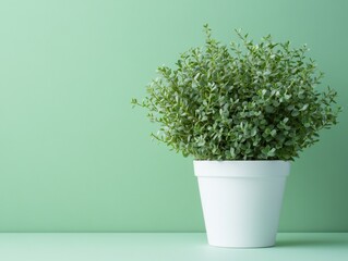 Serene indoor scene featuring a vibrant green potted plant against a calming pastel background creating a peaceful and refreshing atmosphere with a minimalist aesthetic