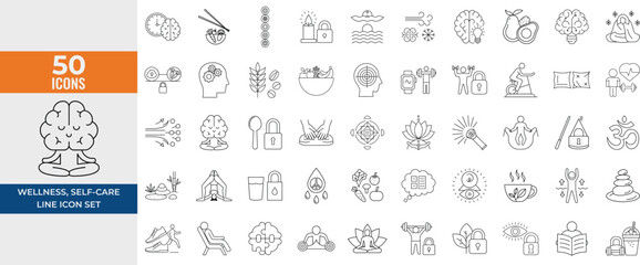 Wellness and Self-Care Line Icons for Mental Clarity, Fitness, Nutrition, Relaxation, Meditation, Stress Relief and Body-Mind Harmony