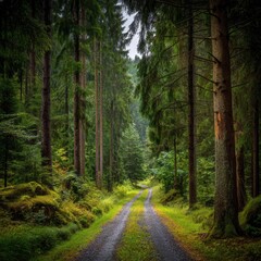 Serene forest path winding through towering trees lush greenery and mossy ground creating a tranquil atmosphere with a natural landscape and a sense of adventure