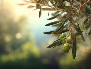 Serene Olive Branch with Green Olives and Leaves in Soft Sunlight on a Blurred Background Capturing the Essence of Mediterranean Tranquility with a Close Up View