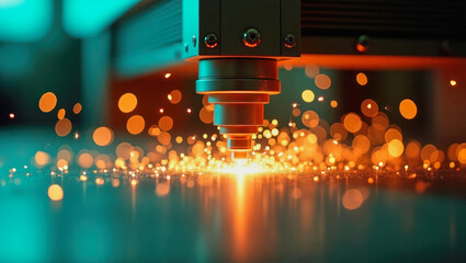 Laser cutting process creating sparks in a workshop during evening hours