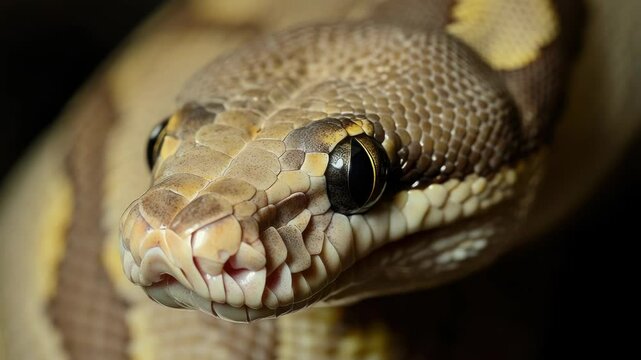 A close-up shot of a snake's head with its pink tongue sticking out