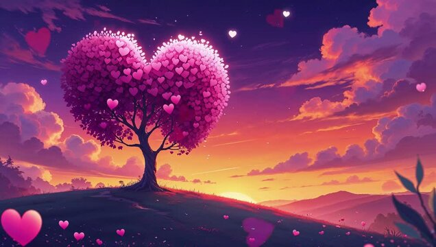 Whimsical tree with heart-shaped leaves in romantic pink tones symbolizing love with copy space